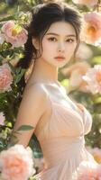 Beautiful woman in a floral setting during daylight photo