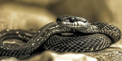Snake resting on a rock with striking patterns and textures photo