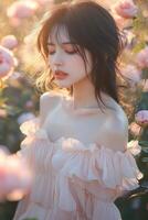 Woman in soft dress surrounded by blooming roses at sunset photo