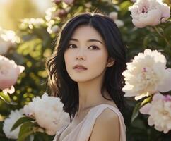 Woman surrounded by blooming peonies in a soft sunlight garden photo