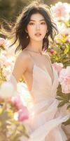 Model poses gracefully among blooming flowers in soft sunlight photo