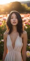 Woman in elegant dress among blooming flowers at sunset photo