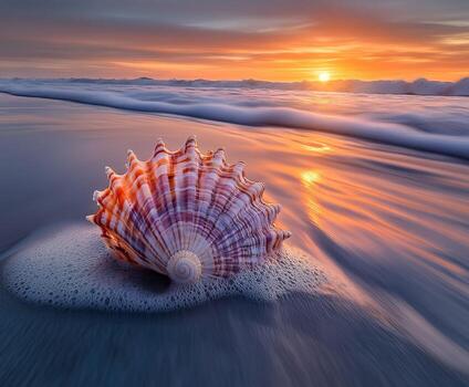 A shell on the beach at sunset photo