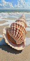 Shell found on a sandy beach with ocean waves rolling in photo