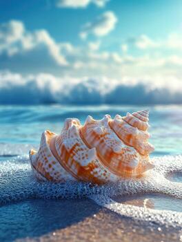 Beautiful seashell resting on the shore with ocean waves in background photo