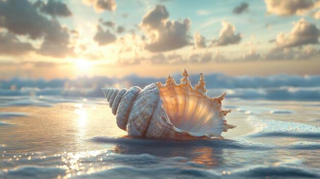 Seashell resting on the shore at sunset by the ocean photo