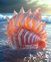 Bright orange shell on the beach with gentle waves and sunlight photo