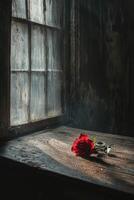 Lonely red rose on weathered wooden table near window photo