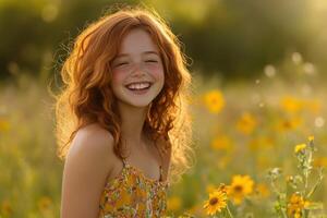 Joyful girl smiling in a field of sunflowers during sunset photo