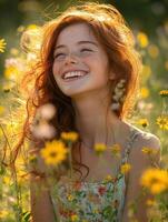 Joyful girl smiling in a vibrant wildflower field photo