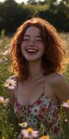 Smiling girl enjoying a sunny day in a flower field photo