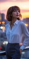 Woman enjoying city views at sunset with stylish outfit photo