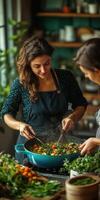 Cooking fresh vegetables together in a cozy kitchen setting photo