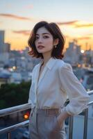 elegante mujer disfrutando puesta de sol ver terminado ciudad horizonte foto
