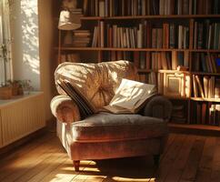 Cozy reading nook with warm sunlight in a home library setting photo