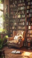 Cozy reading nook with a vintage armchair and bookshelves photo