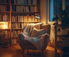 Cozy reading nook with warm lighting in a quiet room photo