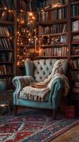 Cozy reading corner with an armchair and bookshelves at night photo