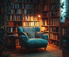 Cozy reading nook in a warm-lit library environment photo