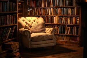 Cozy reading nook with vintage armchair and bookshelves at night photo
