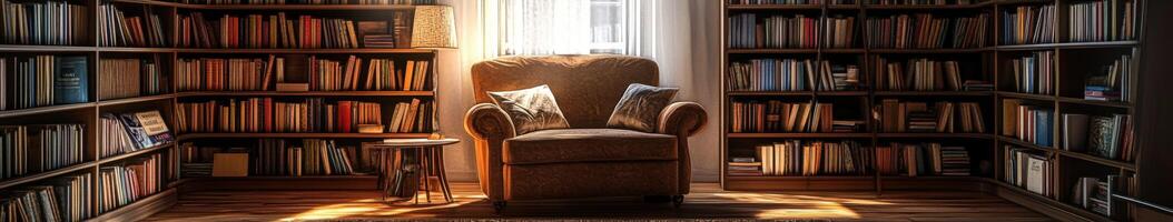 A chair in front of a bookshelf with a window photo