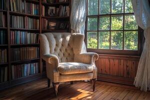 Cozy armchair by the window in a sunlit library photo