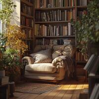 Cozy reading nook with plants and books in a warm atmosphere photo