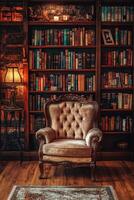 Cozy reading nook with vintage chair and bookshelves at night photo