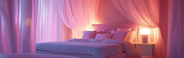 Cozy pink bedroom with soft lighting and elegant drapery photo
