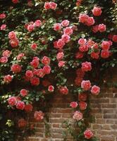 Vibrant pink roses cascading over a rustic brick wall in a garden photo