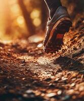 A person wearing running shoes walking on a trail photo