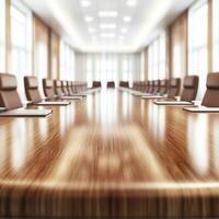 Conference room setup with long table and chairs for meeting photo