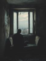 Person reflecting on emotions while sitting by a grimy window photo