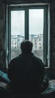 Feeling isolated while gazing out a window on a gray day photo