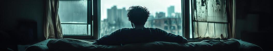 Sitting alone in a dim room contemplating life during a rainy day photo