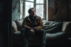 Struggling with shadows in a desolate, abandoned room photo