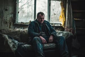 Man sitting alone on a worn couch in a neglected space photo