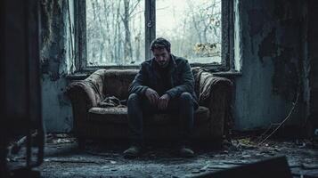 Person sitting on an old couch in a dilapidated room during twilight photo