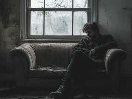 Person sitting alone on a worn sofa in a dimly lit room photo