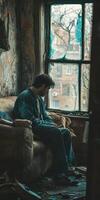 Man sitting alone in a messy room showing signs of despair photo