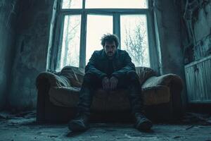 Person sitting on a worn couch in a dilapidated room during winter photo
