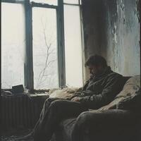 Man sitting alone in a dilapidated room reflecting on depression photo
