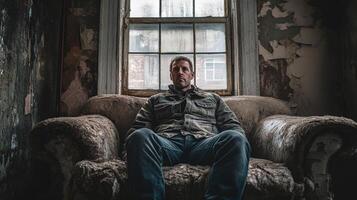 Man sitting alone on a worn sofa in a dim room with peeling walls photo