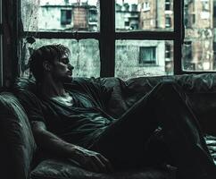 Man sitting alone on a sofa in an abandoned room reflecting on life photo