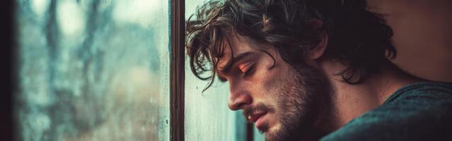 Lonely man gazing out a rain-soaked window on a dreary day photo