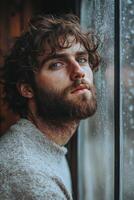 A man with a beard and curly hair looking out a window photo