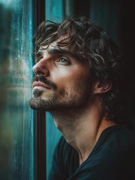 Lonely man gazes thoughtfully out of a window on a rainy day photo