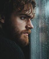 Lonely man reflects while gazing out of a rainy window photo