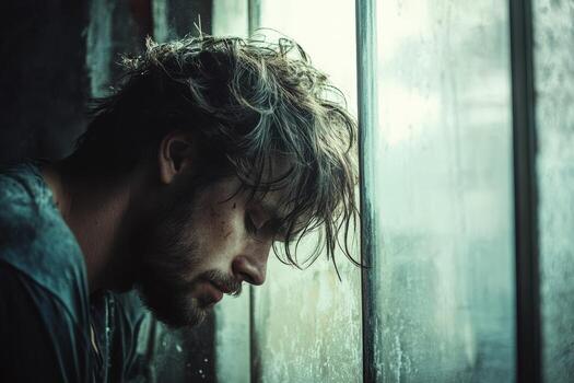 Lonely man gazing out of a rain-soaked window in a dim room photo