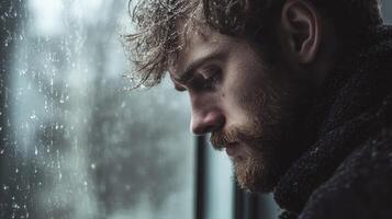 A man with a beard looks out the window photo
